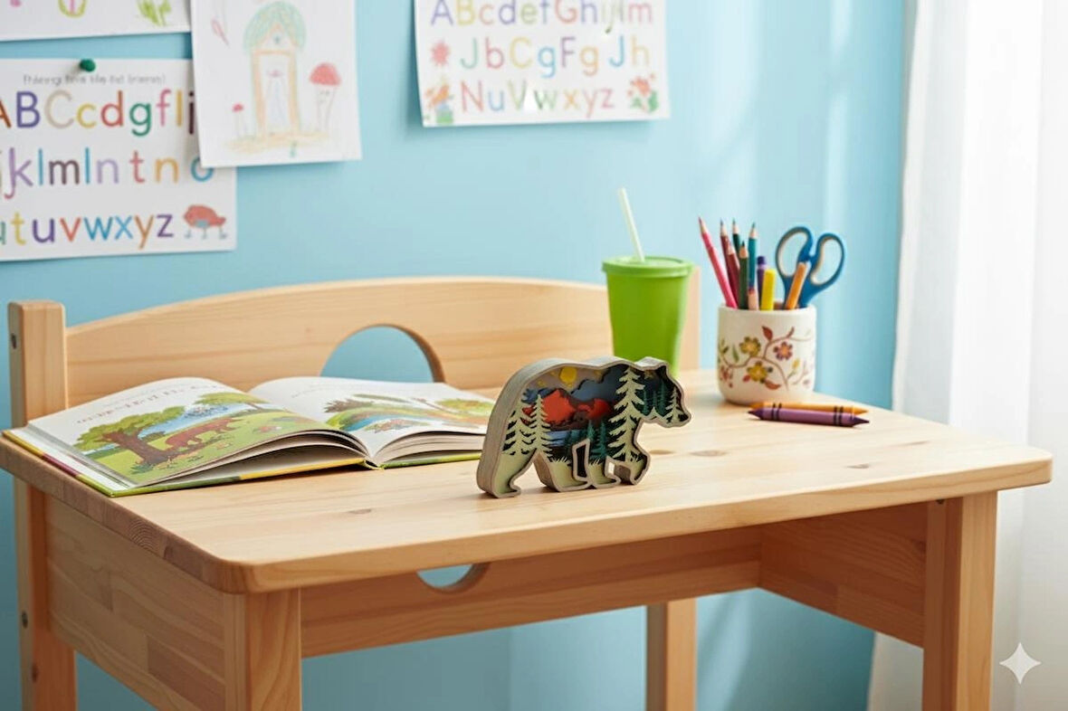 3D Katmanlı Ahşap Ayı Figürlü Dekoratif Masa Süsü