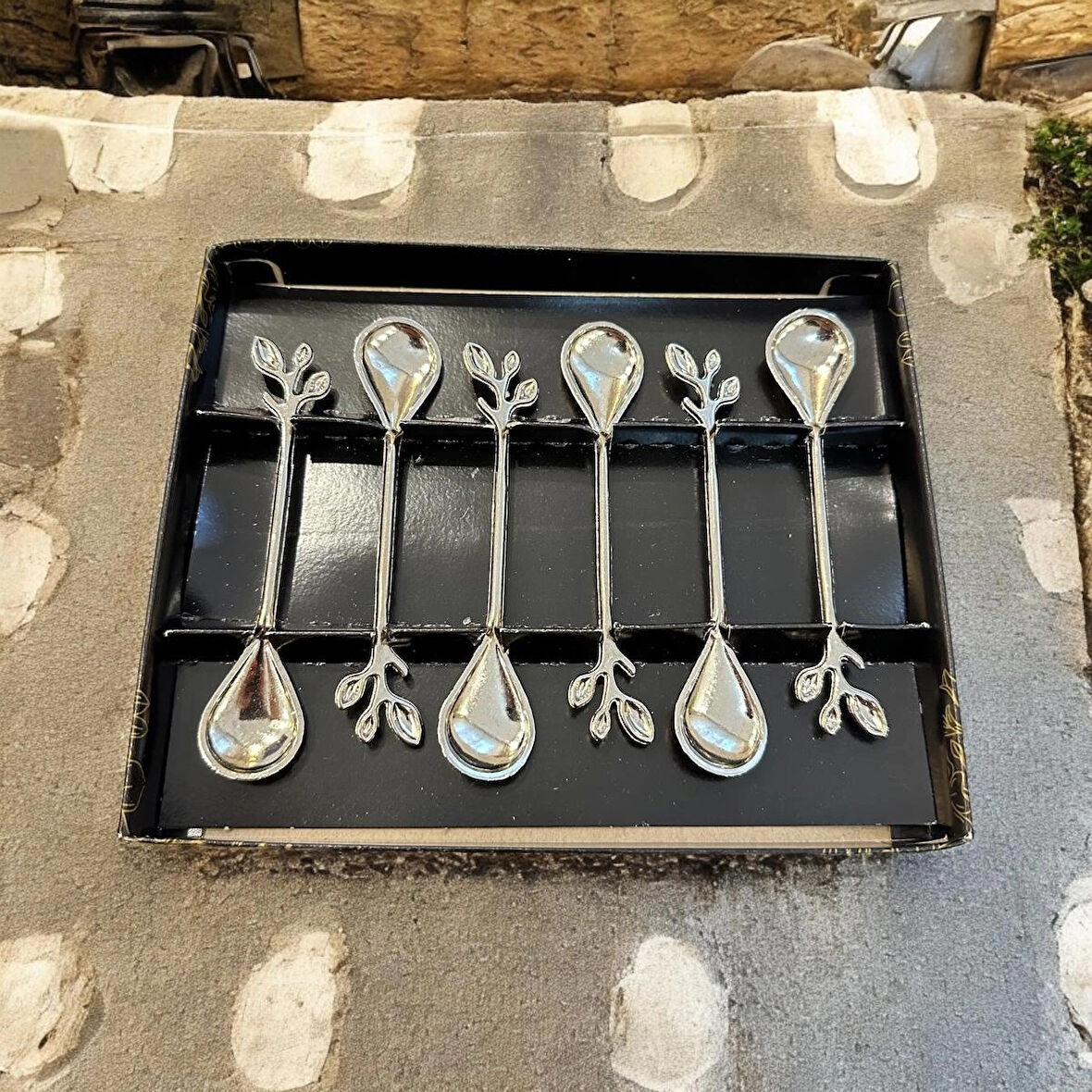 6'lı Çay&Kahve Kaşığı DAL ŞEKİLLİ Metal Kaşık Tatlı Reçel Dondurma Kaşığı Modern Sunum Kaşıkları