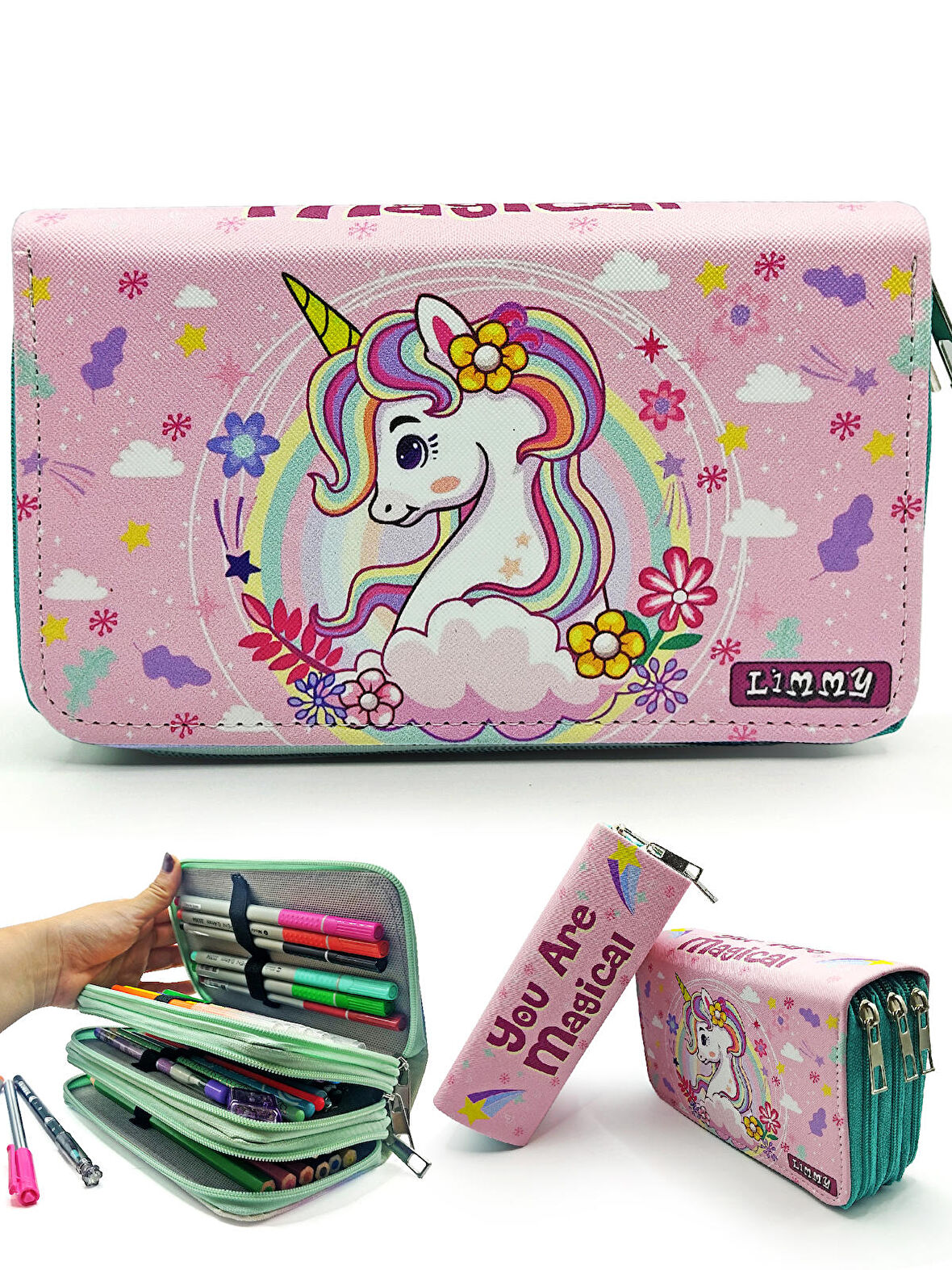 Kalem Kutusu Unicorn Bahar Temalı Kawai Organizer Kalemkutu Vegan Deri Üç Bölmeli Kalemlik