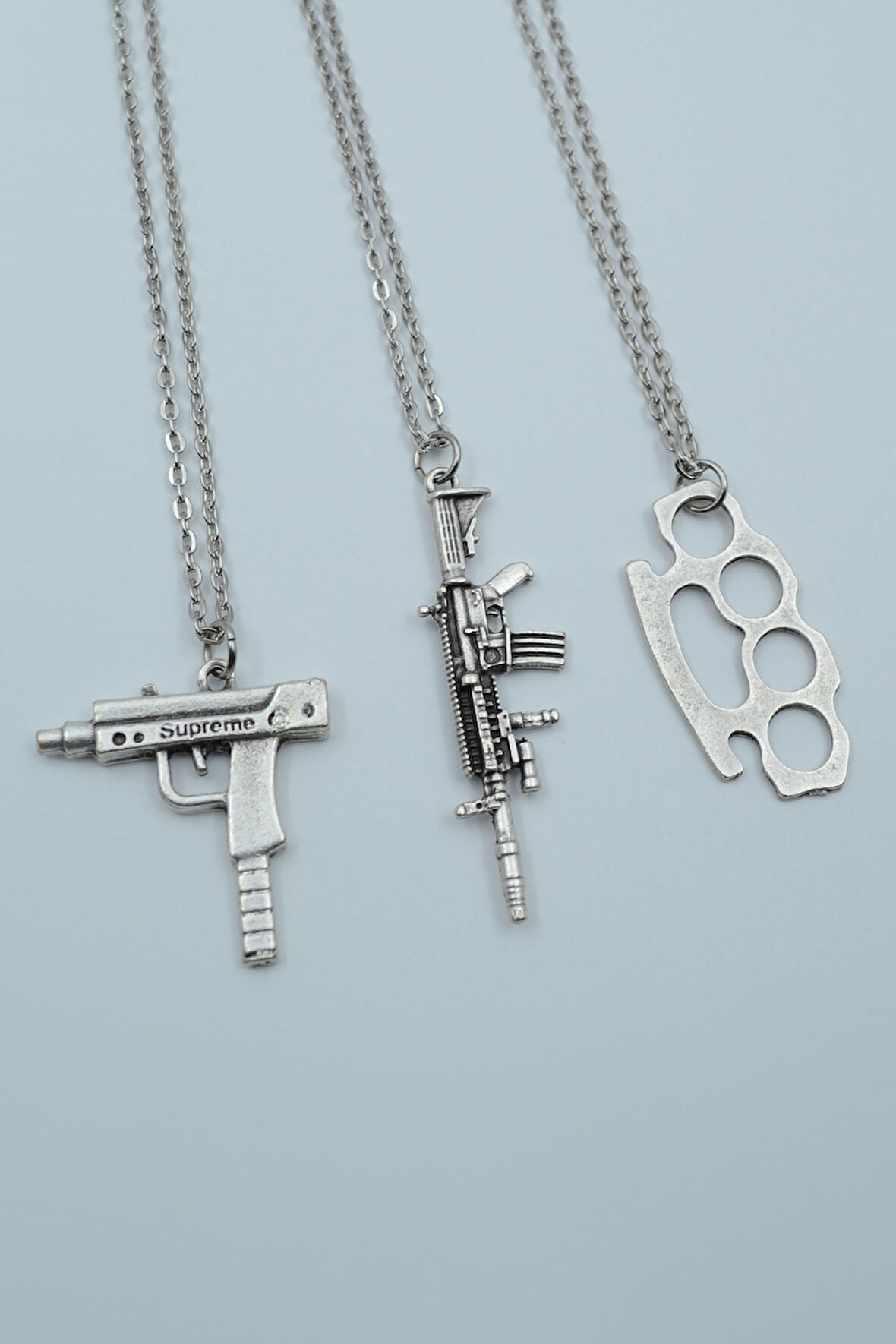 3'lü Muşta M4 Silah Uzi Gümüş Kaplama Kolye Seti