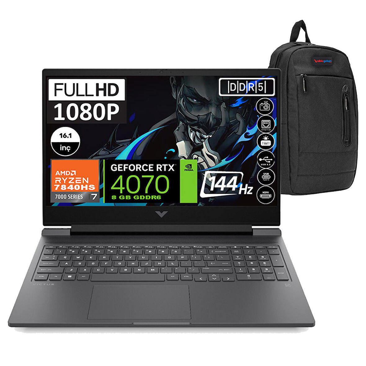 Hp Victus 16-S0005NT Amd Ryzen 7 7840HS 32GB 512GB SSD RT4070-8GB 16.1" 144Hz FHD Windows 11 Pro Taşınabilir Bilgisayar 7Z4Q7EAP04 + Zetta Çanta