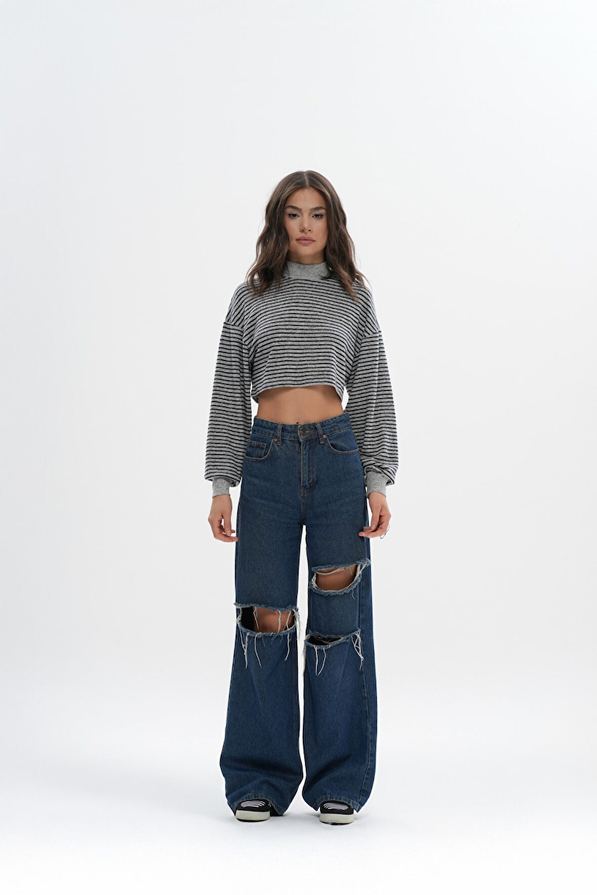 Crop Oversize Çizgili  Sweatshirt  | L