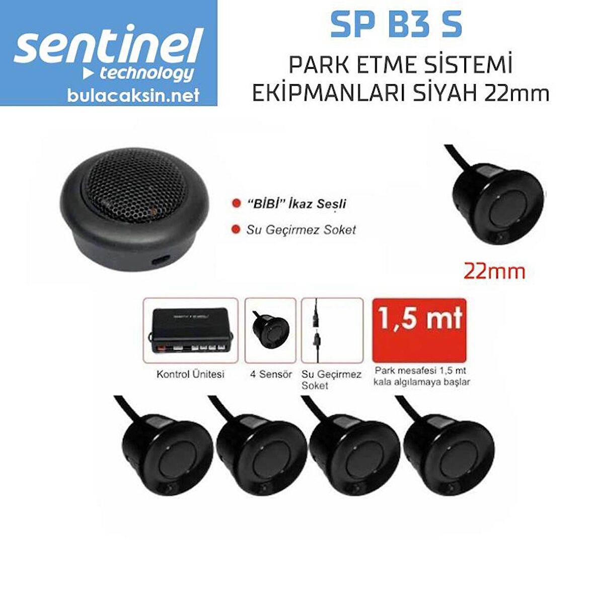 Sentinel Park Sensörü Ses İkazlı 22mm Siyah