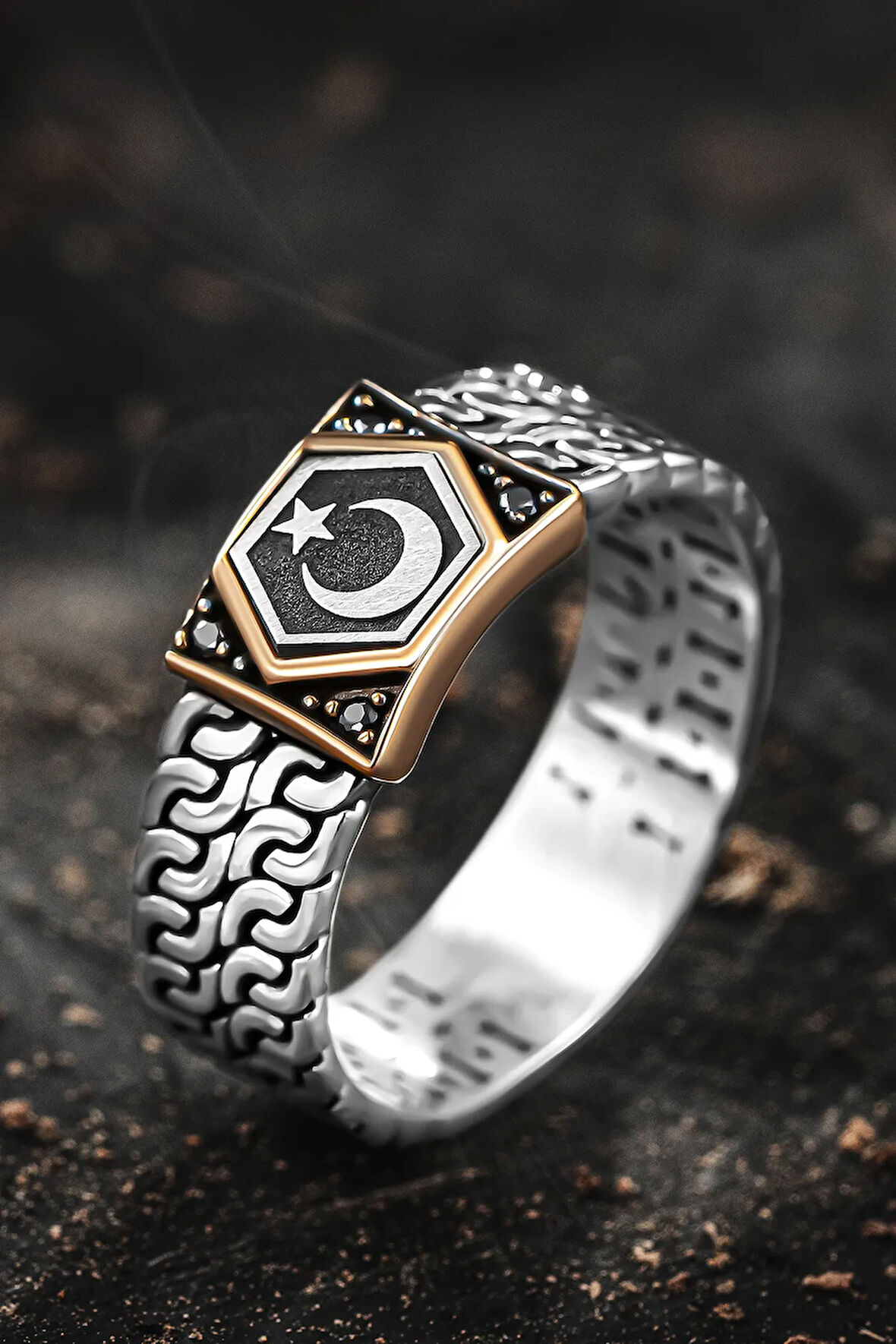 Erkek Gümüş Yüzük - Zirkon Taşlı Ay Yıldız İşlemeli Sarmal Model Erkek Yüzük