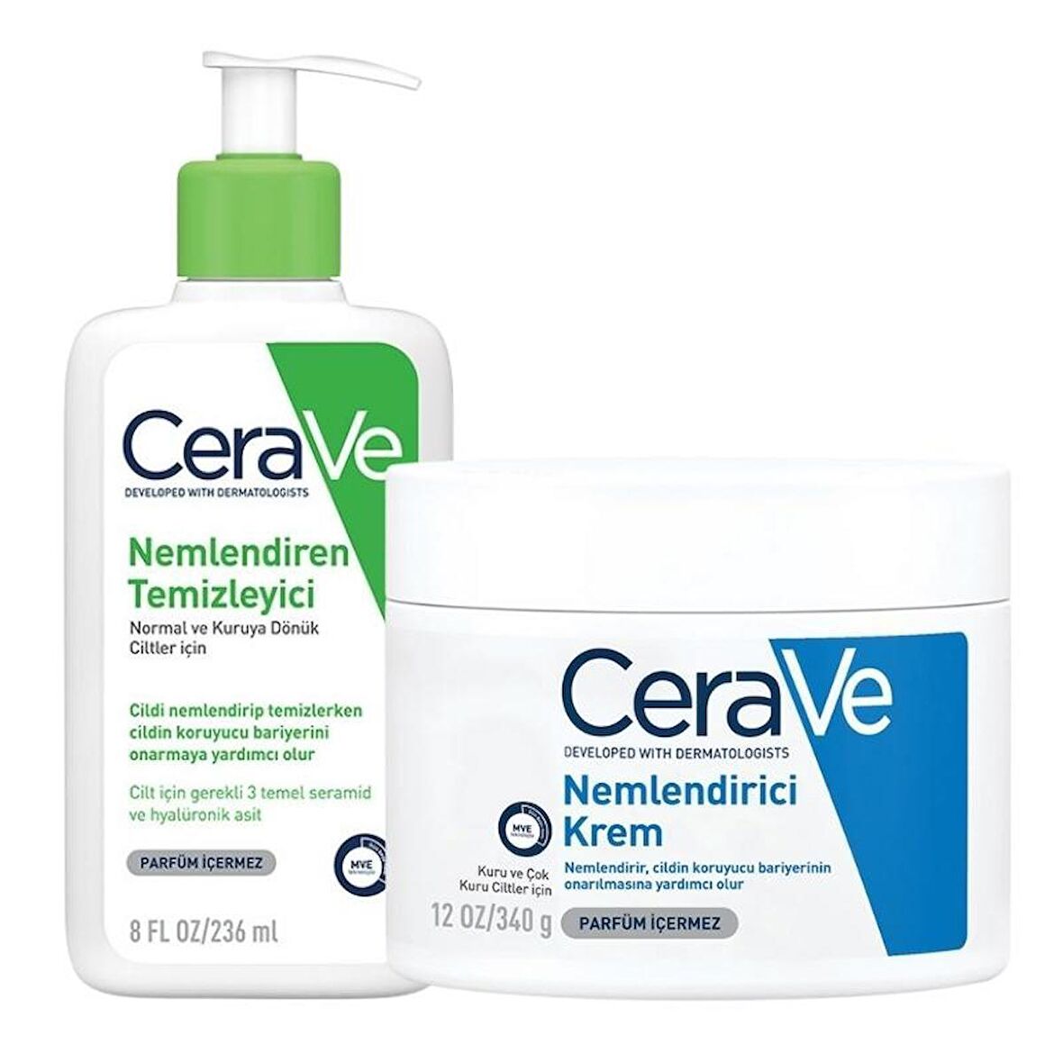 CeraVe Kuru Ciltler Için Cilt Bakım Seti-Nemlendiren Temizleyici 236 ml + Nemlendirici Krem Kavanoz 340 Gr