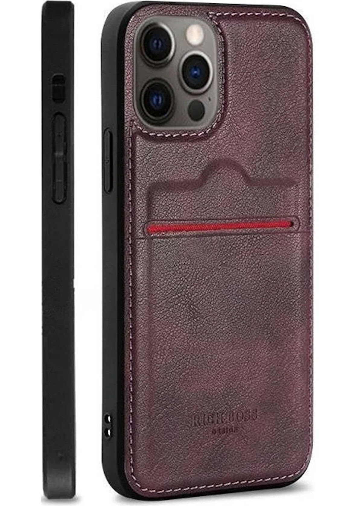 İPHONE 15 PRO UYUMLU RCH BSS DERİ KARLIKLI KILIF BORDO