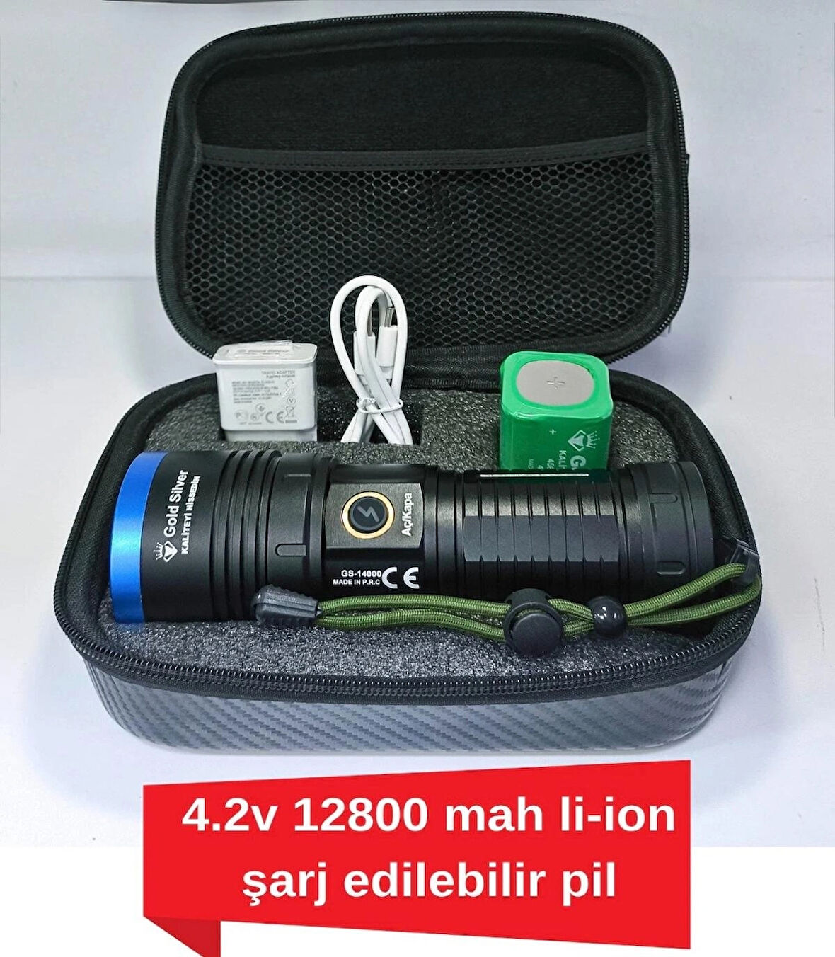 Gold Silver GS-14000 Şarjlı El Feneri | 40W 4000 Lümen | 12800 mAh Li-ion | Kamp, Avcılık & Acil Durumlar