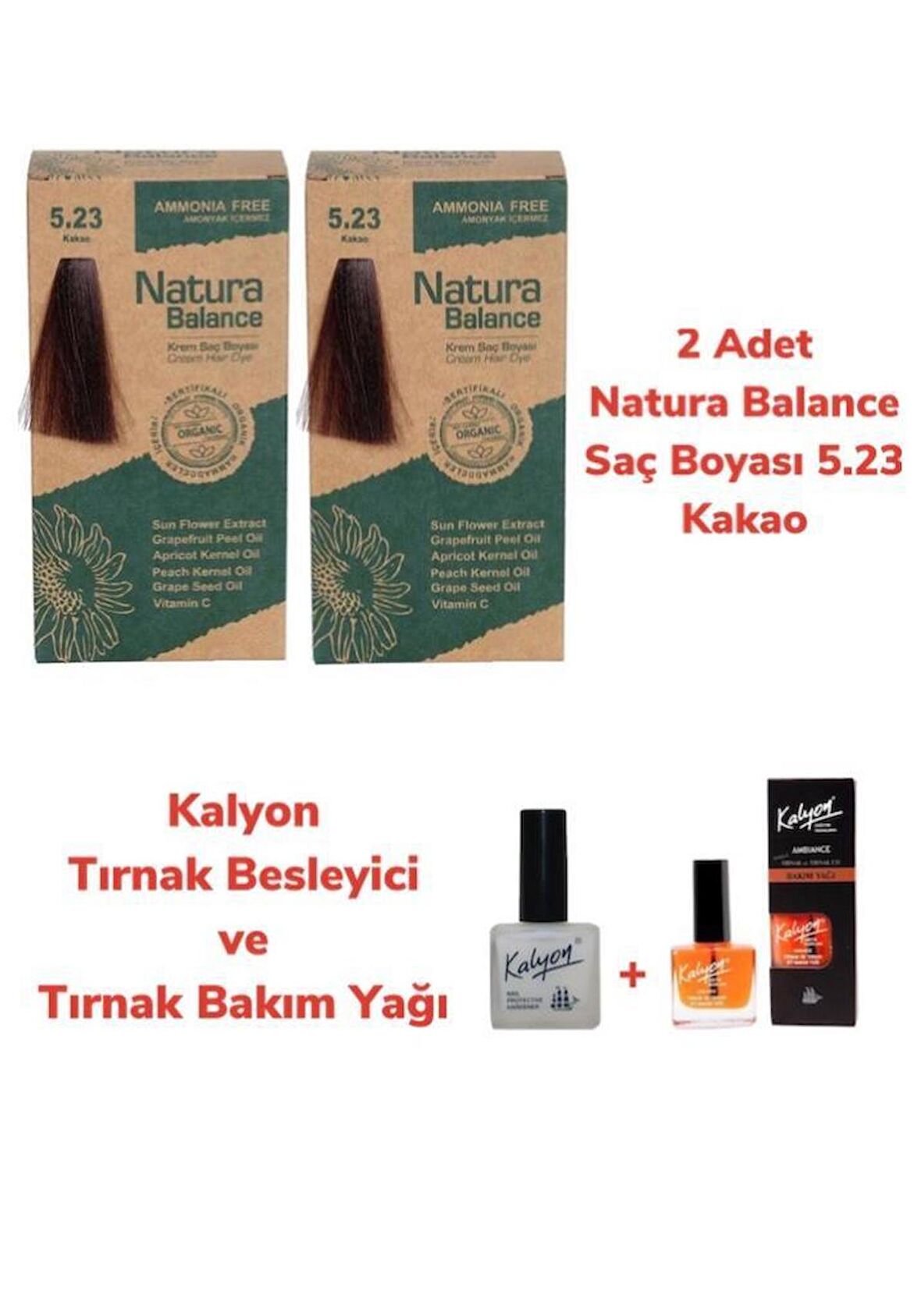 NATURA BALANCE SAÇ BOYASI 5.23 KAKAO 2 ADET + KALYON TIRNAK BESLEYİCİ VE BAKIM YAĞI