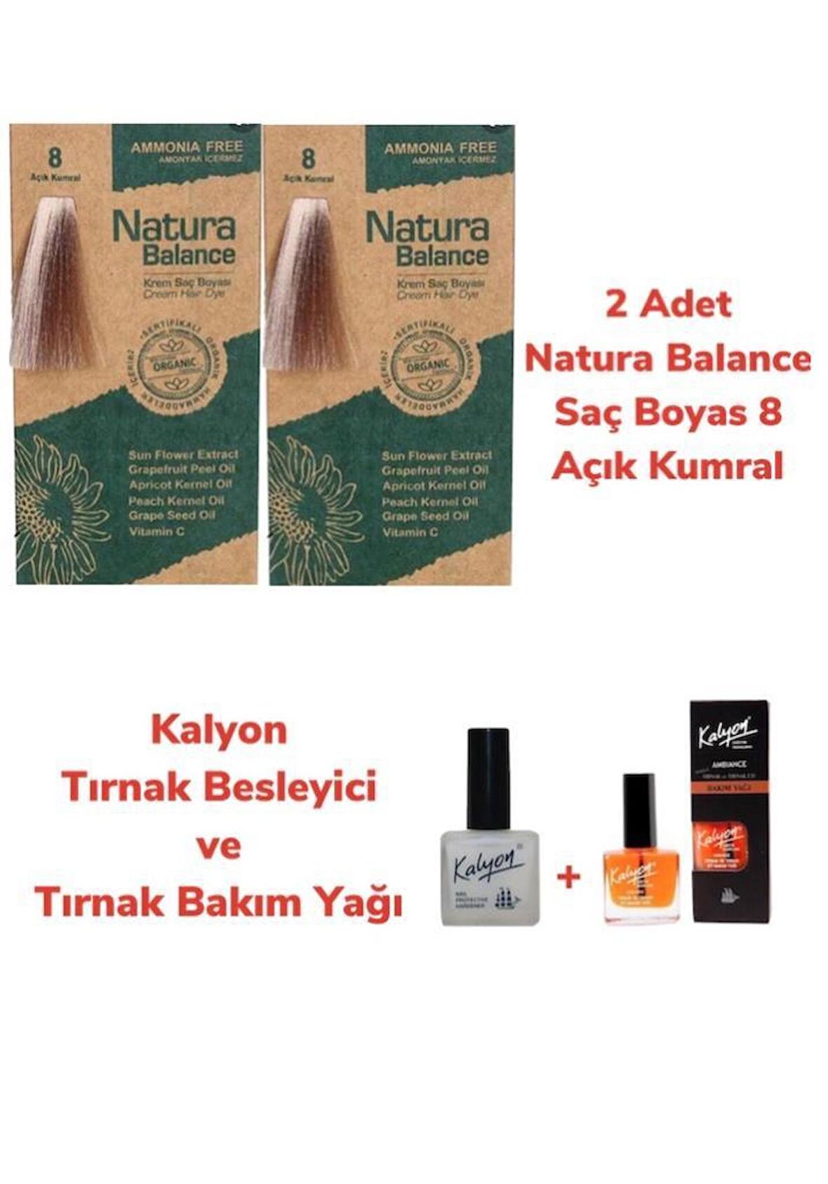 NATURA BALANCE SAÇ BOYASI 8 AÇIK KUMRAL BAKIR 2 ADET + KALYON TIRNAK BESLEYİCİ VE BAKIM YAĞI