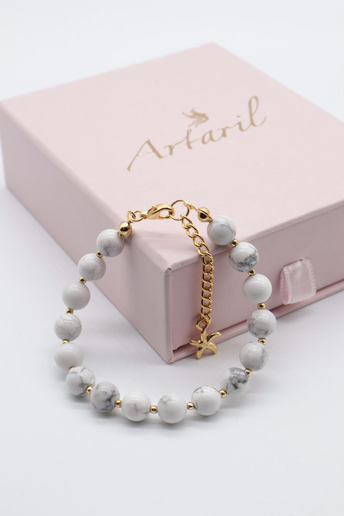 Artaril Doğal Taş Kadın Havlit Bileklik Beyaz 8 mm 18cm+3,5 cm Uzatma Zinciri