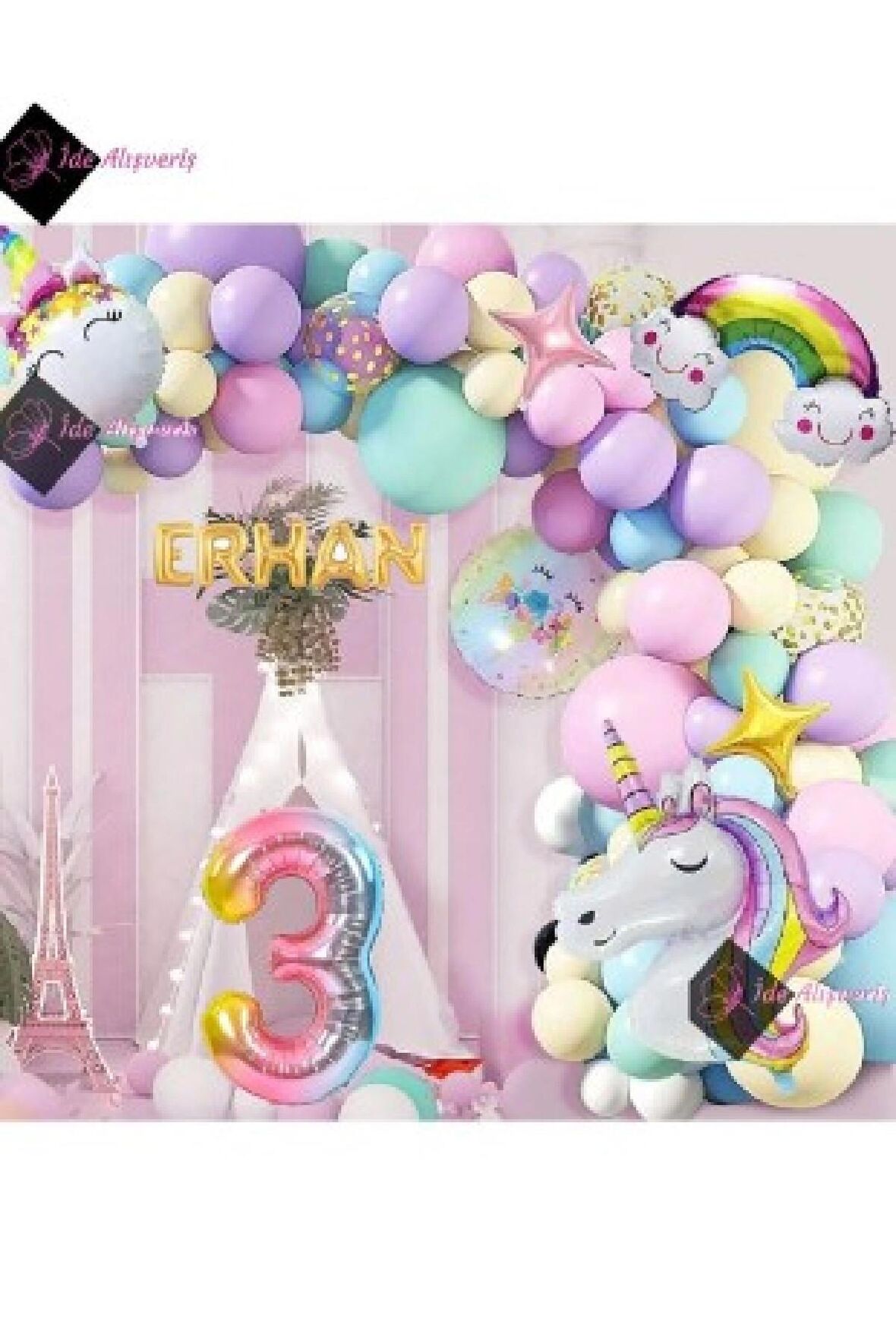 5 Harfli 3 Yaş Gökkuşağı Konsepti Unicorn Temalı Makaron Balon Doğum Günü Parti Kutlama Seti