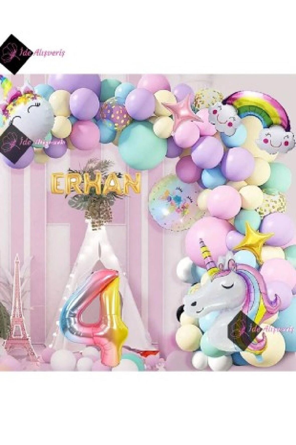 5 Harfli 4 Yaş Gökkuşağı Konsepti Unicorn Temalı Makaron Balon Doğum Günü Parti Kutlama Seti