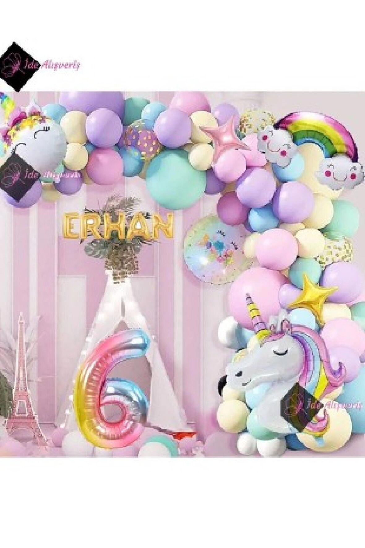5 Harfli 6 Yaş Gökkuşağı Konsepti Unicorn Temalı Makaron Balon Doğum Günü Parti Kutlama Seti