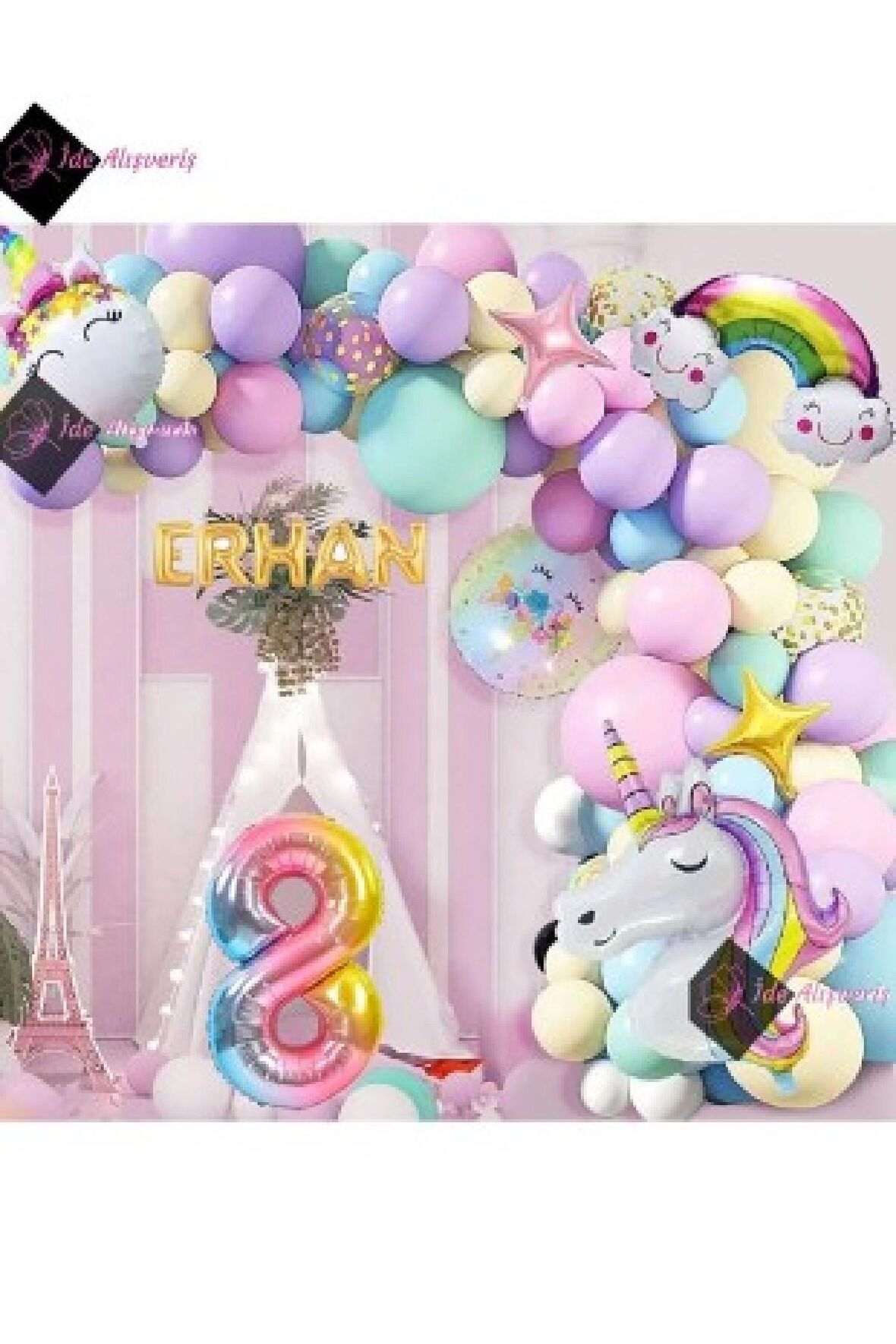 5 Harfli 8 Yaş Gökkuşağı Konsepti Unicorn Temalı Makaron Balon Doğum Günü Parti Kutlama Seti