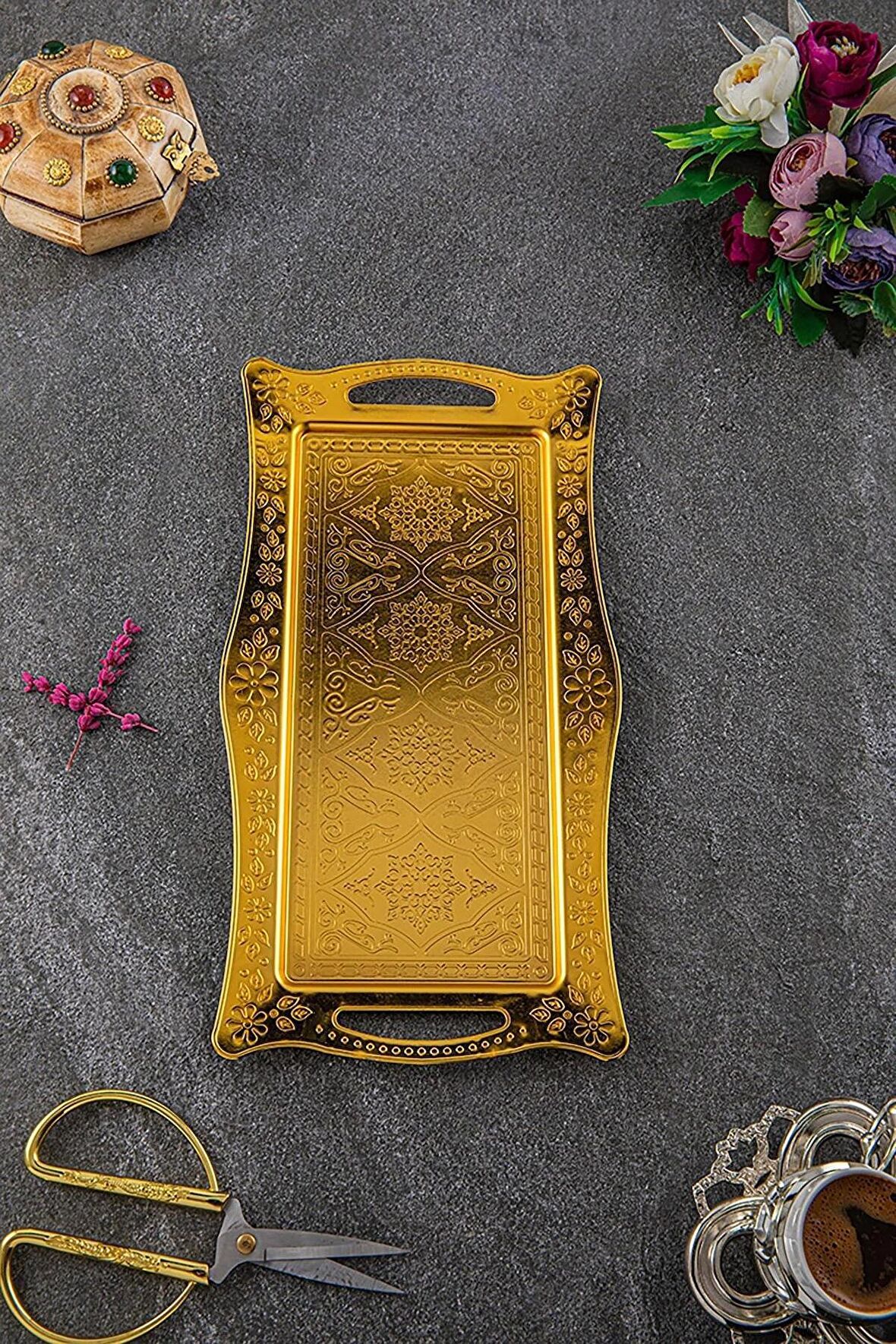Otantik 2 Kişilik (16x31.5cm) Altın Renk Dikdörtgen Tepsi