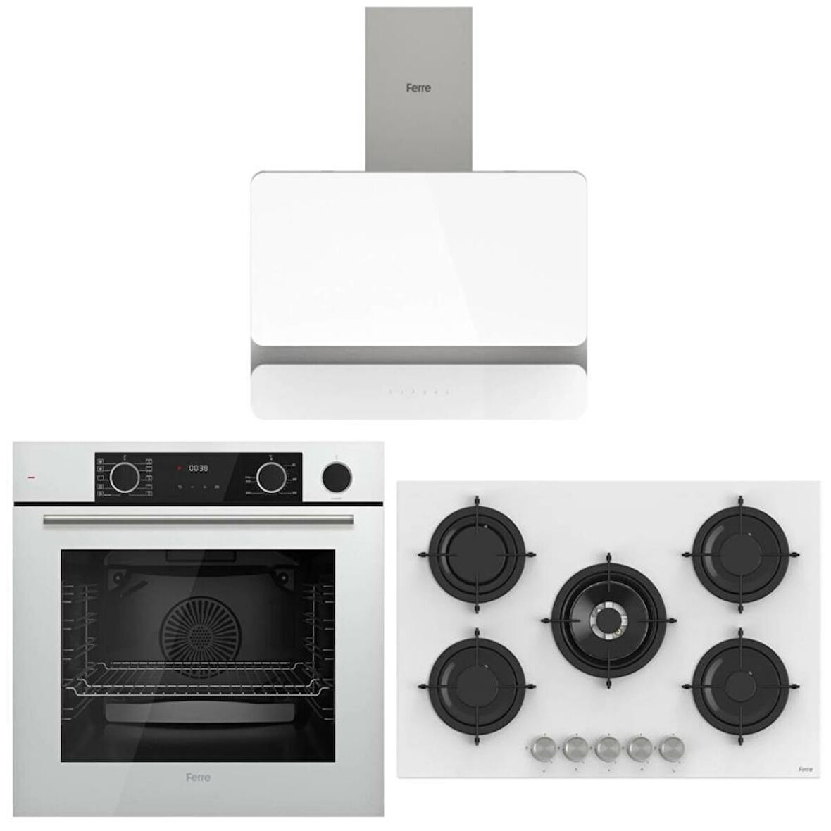 Ferre Fryart Steam Beyaz Set ( D081 Beyaz Davlumbaz -RS036 Beyaz Ocak- XE64CB Fryart Steam Beyaz Fırın)