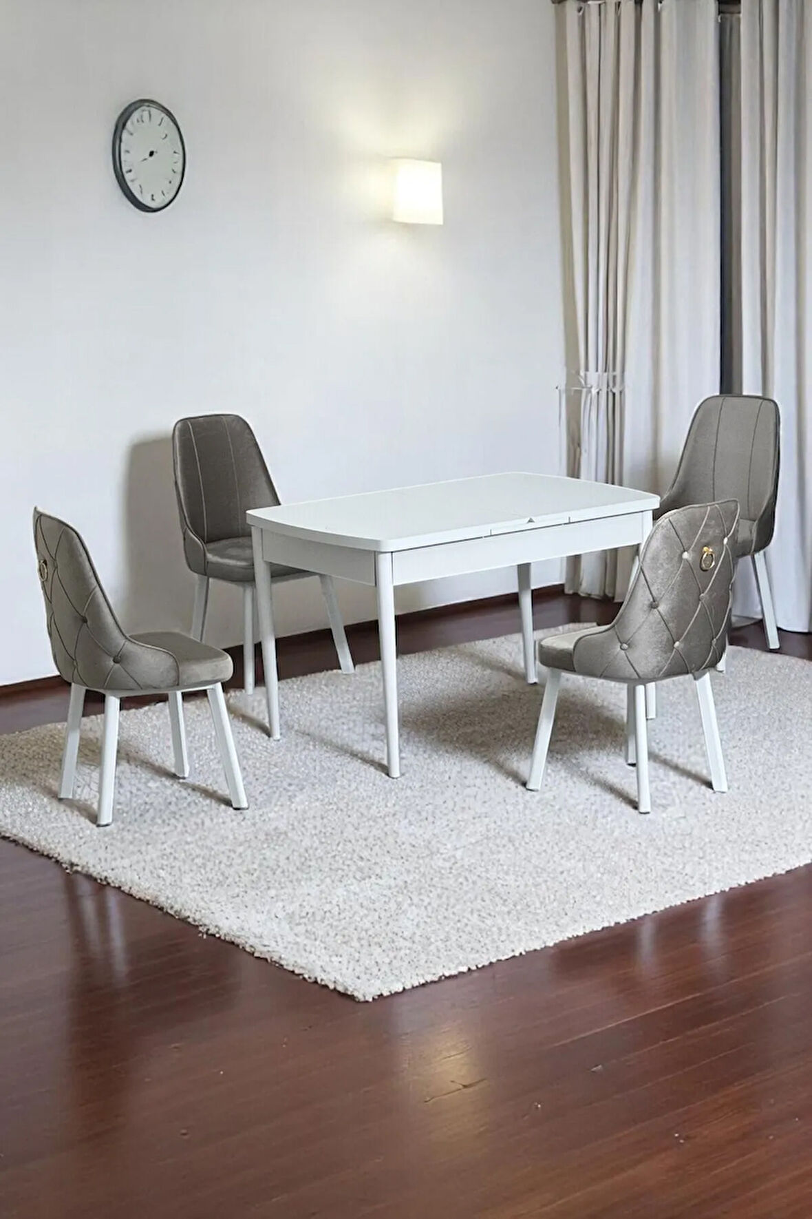 Monera Beyaz 80 x 132 Açılabilen Sunta Masa Metal Ayaklı Mutfak Masası Takımı 4 Cappucino Sandalye