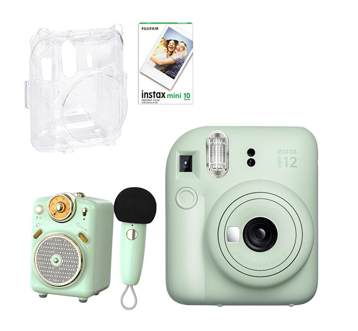 Fujifilm Instax Mini 12 Yeşil Fotoğraf Makinesi 10'lu Film Şeffaf Kılıf ve Divoom Fairy OK Yeşil Kar