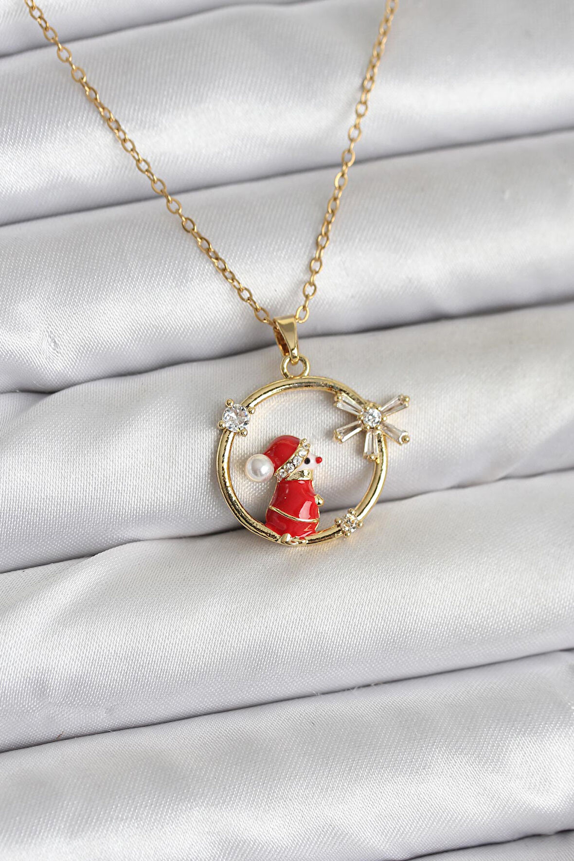 316L Çelik Zincir Gold Zirkon Taşlı Yılbaşı Tema Kadın Kolye