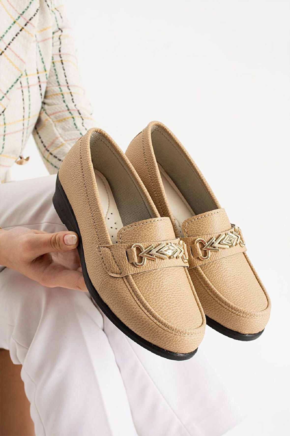 Kadın Dolgu Topuk Siyah Suni Deri Babet Rahat Hafif Babet Günlük Babet Camel