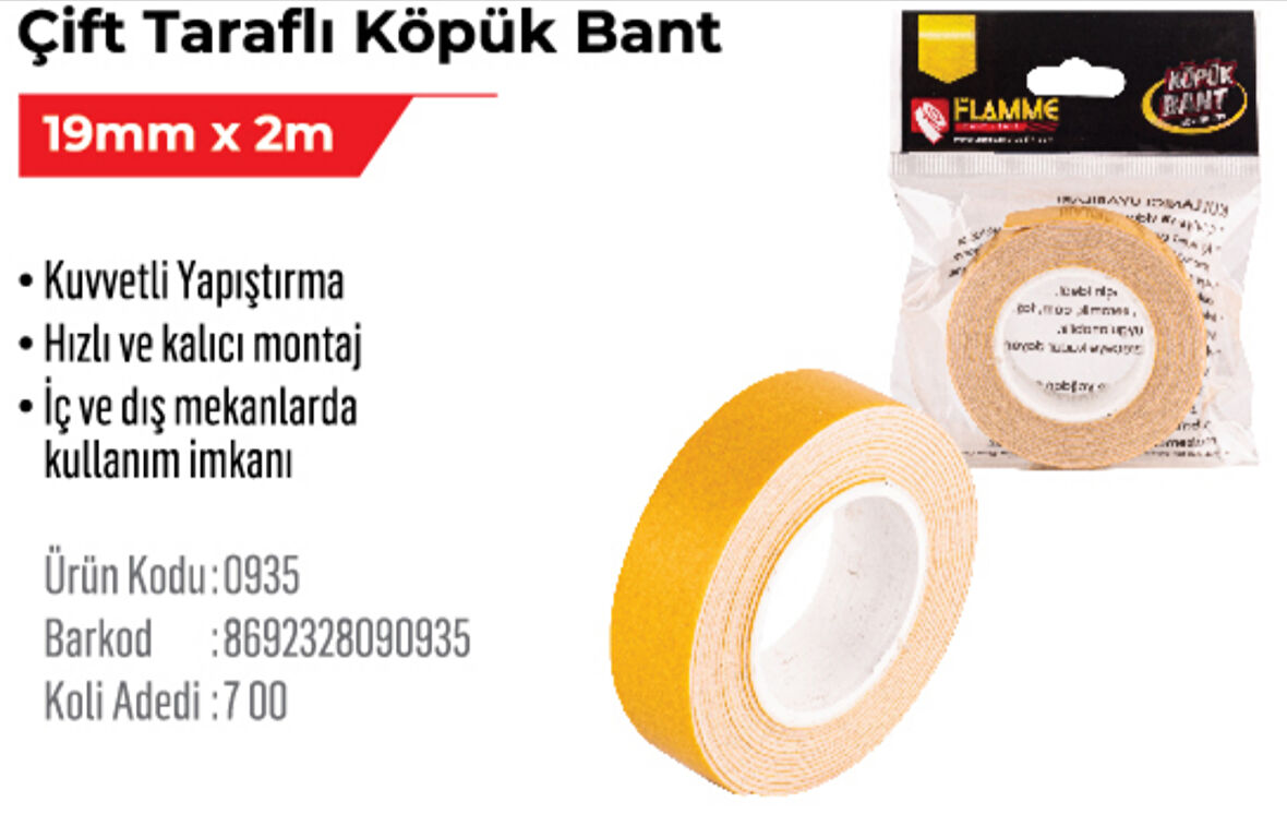 Çift Taraflı Köpük Bant 19mm x 2m 1 adet