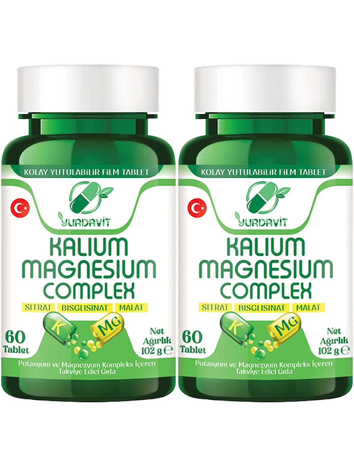 Yurdavit Kalium Magnesium Complex 2x60 Tablet Potasyum Magnezyum Sitrat Malat Bisglisinat Kompleks 