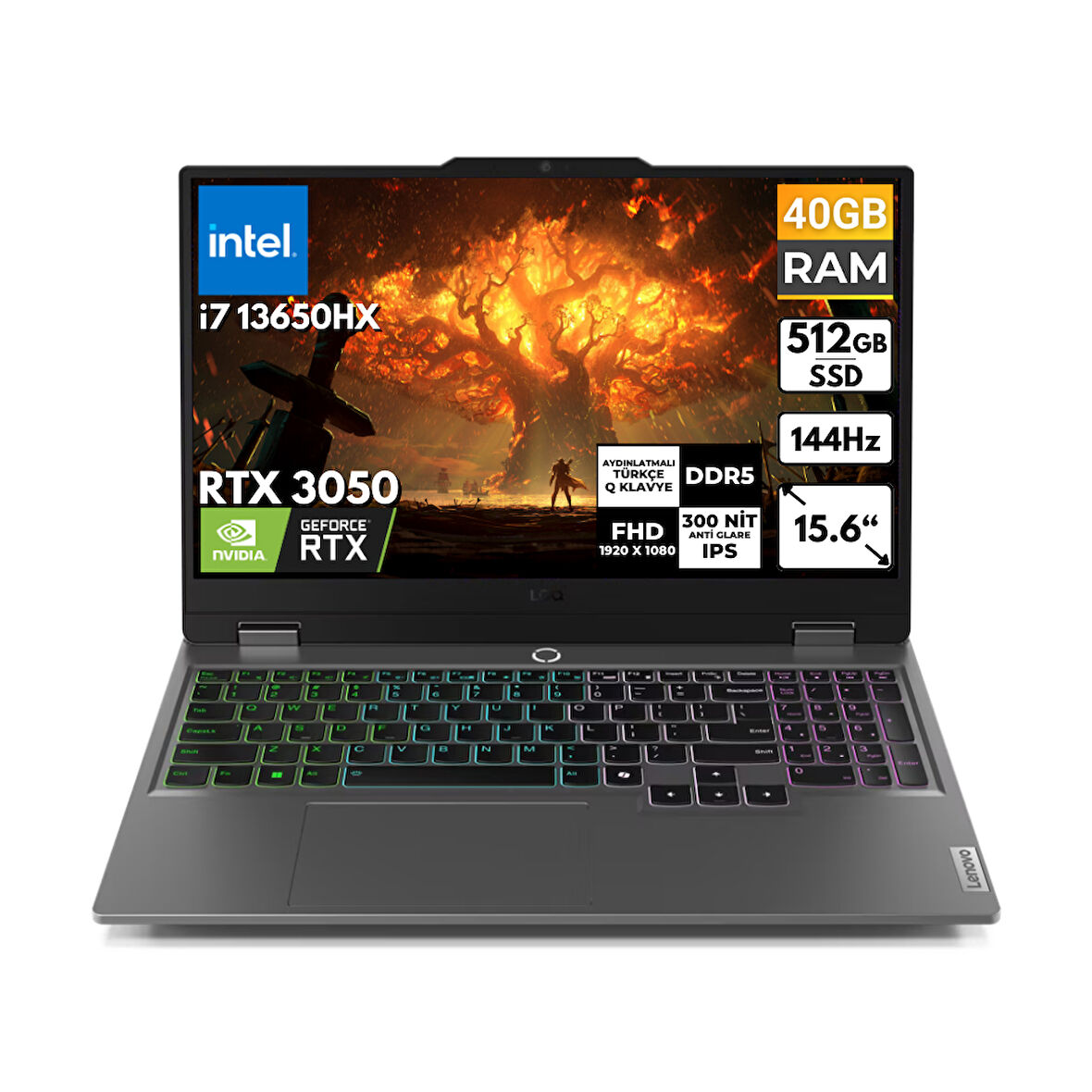 Lenovo LOQ 15IRX9 i7-13650HX 40-GBDDR5 512 GB RTX3050 15,6" FHD Freedos Taşınabilir Bilgisayar 83DV00HSTR BT60