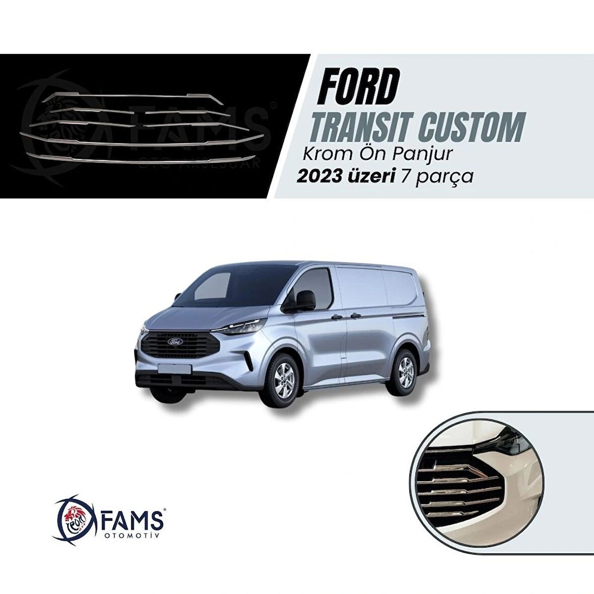 Ford Transit Custom 2023 > Ön Panjur 7 Parça Paslanmaz Çelik