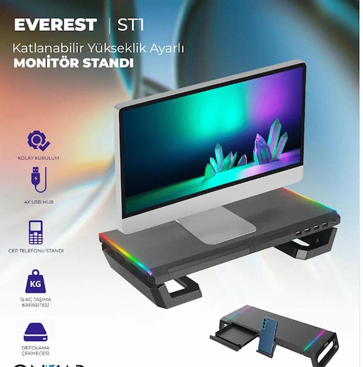 Everest ST1 4 USB Hub RGB Işıklı Katlanabilir Yükseklik Ayarlı Siyah Monitör Standı