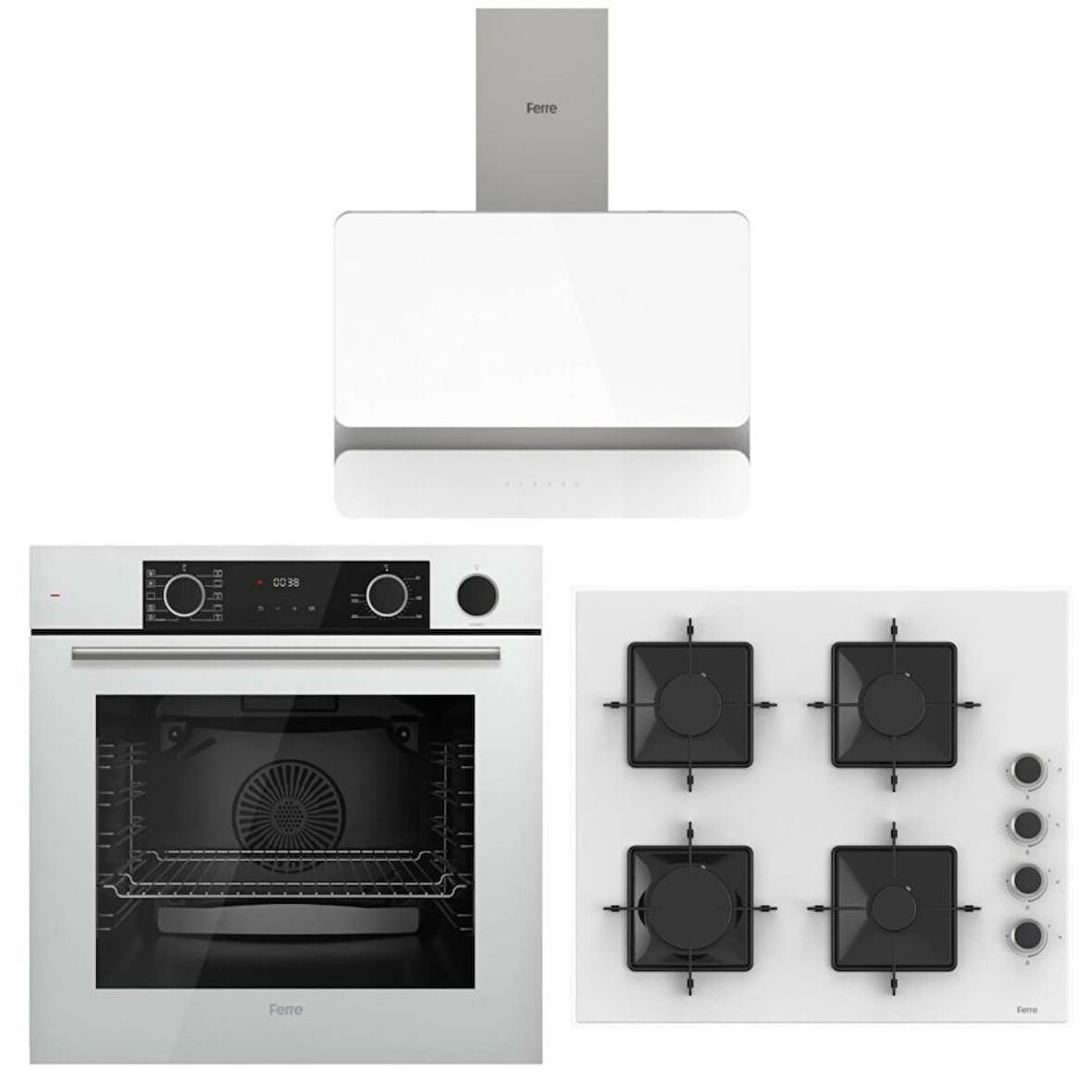 Ferre Fryart Steam Beyaz Set ( D081 Beyaz Davlumbaz -SS206 Beyaz Ocak- XE64CB Fryart Steam Beyaz Fırın)