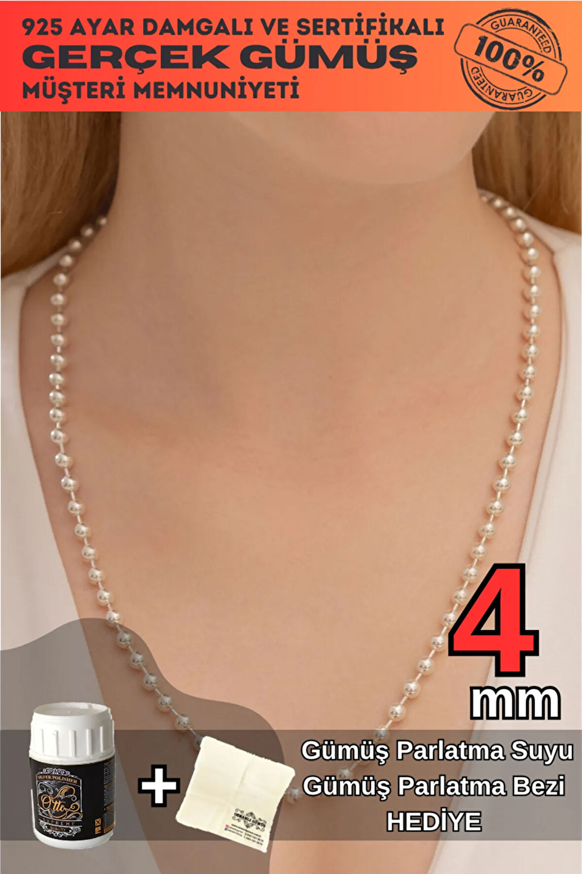 Kadın Gümüş Kolye - 4mm Top Zincir Model 925 Ayar Gümüş Kadın Kolye Zincir