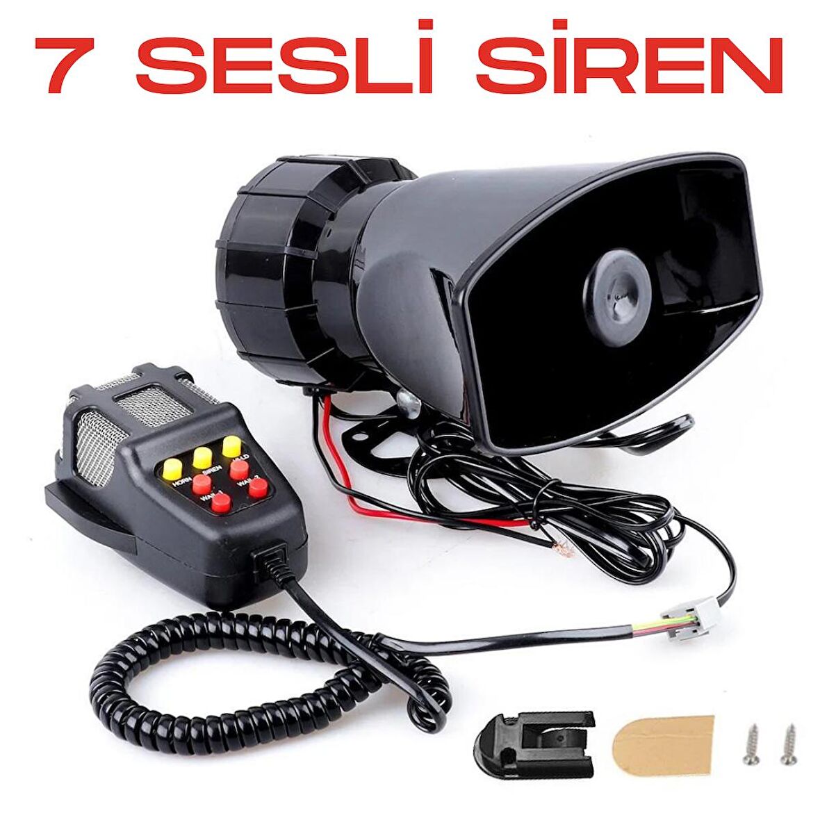 Her Araca Uyumlu 7 Sesli Güçlü Siren Korna Mikrofonlu Megafonlu 12V Polis Sireni 100W