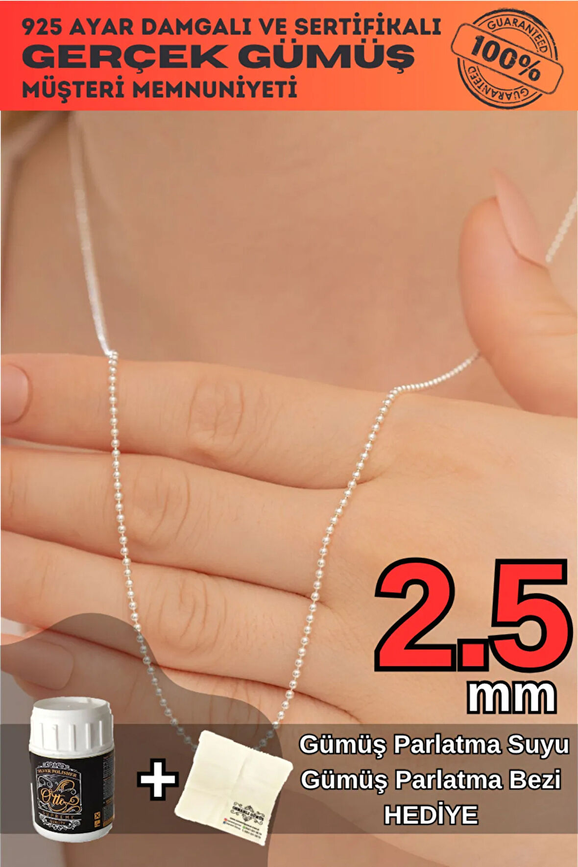 Kadın Gümüş Kolye - 2,5mm Top Zincir Model 925 Ayar Gümüş Kadın Kolye Zincir