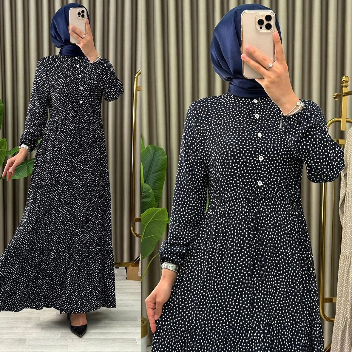 Kadın Siyah Renk Puantiyeli Viskon Kumaş Ön Düğmeli Ayarlanabilir Kuşaklı Tesettür Elbise