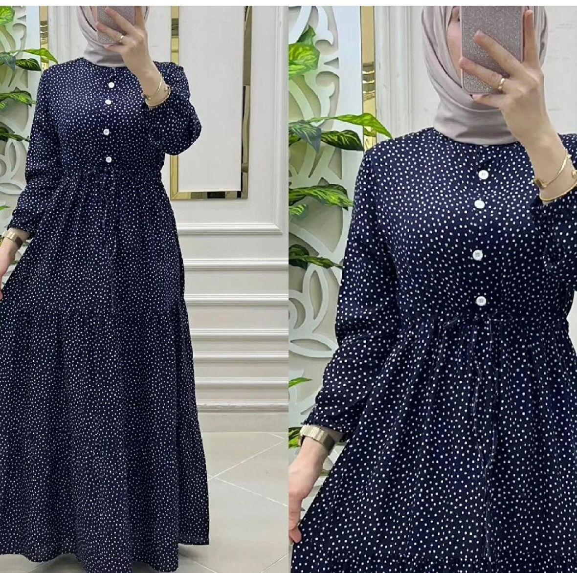 Kadın Lacivert Puantiyeli Viskon Kumaş Ön Düğmeli Ayarlanabilir Kuşaklı Tesettür Elbise