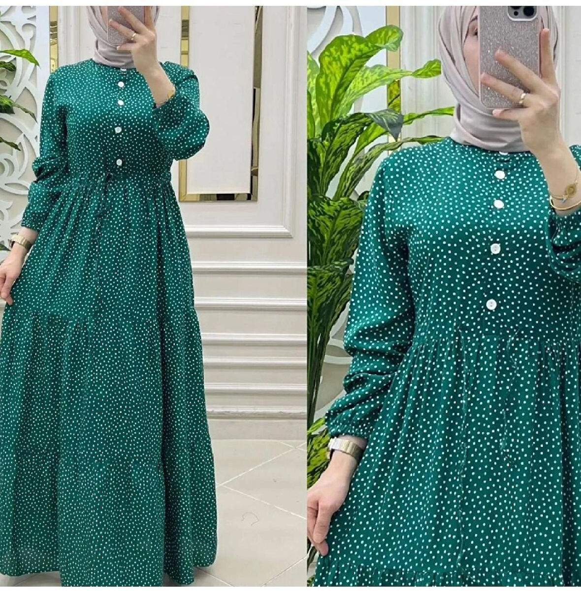 Kadın Yeşil Puantiyeli Viskon Kumaş Ön Düğmeli Ayarlanabilir Kuşaklı Tesettür Elbise