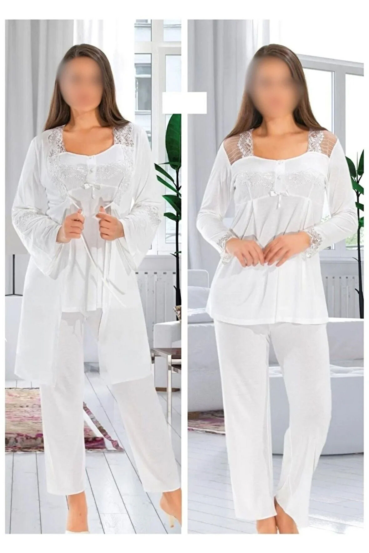 Lohusa Hamile 3 Parça Sabahlıklı Ekru Pijama Takımı ROZ.10.EL.02.T