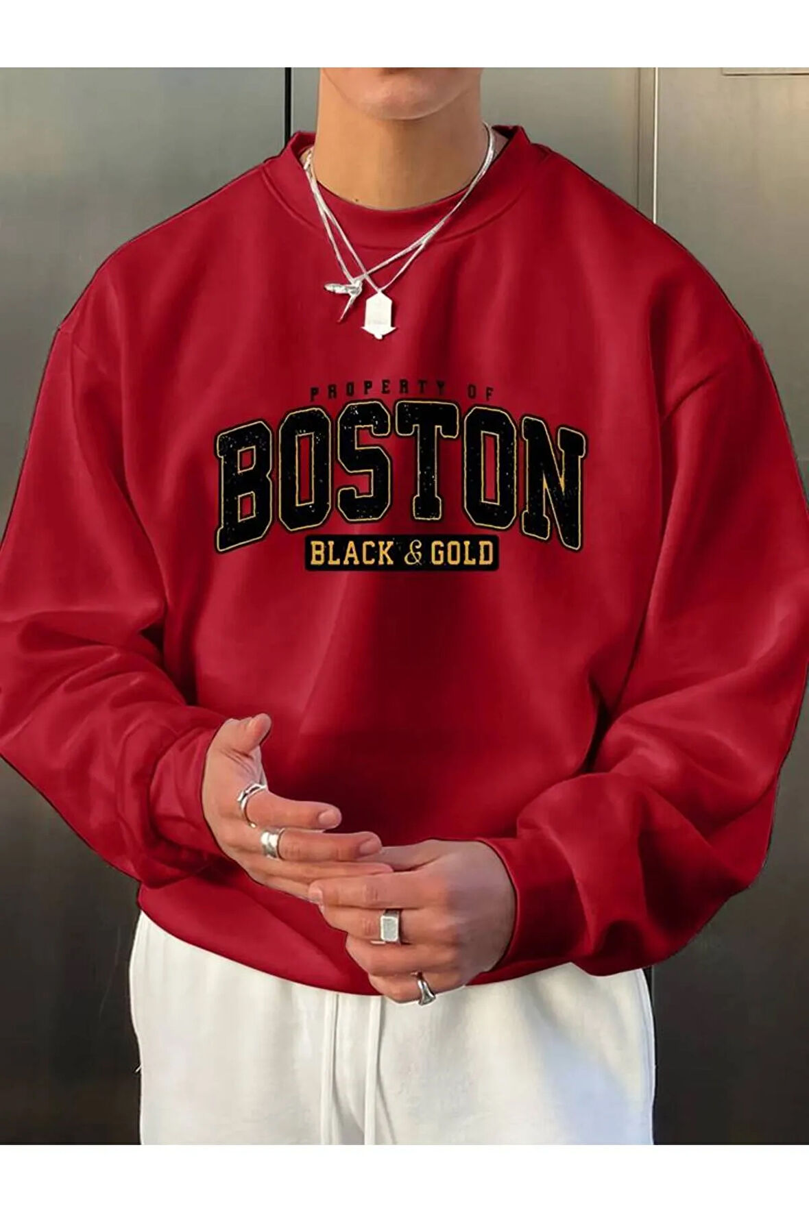 Erkek Kırmızı Boston Baskılı Oversize Sweatshirt