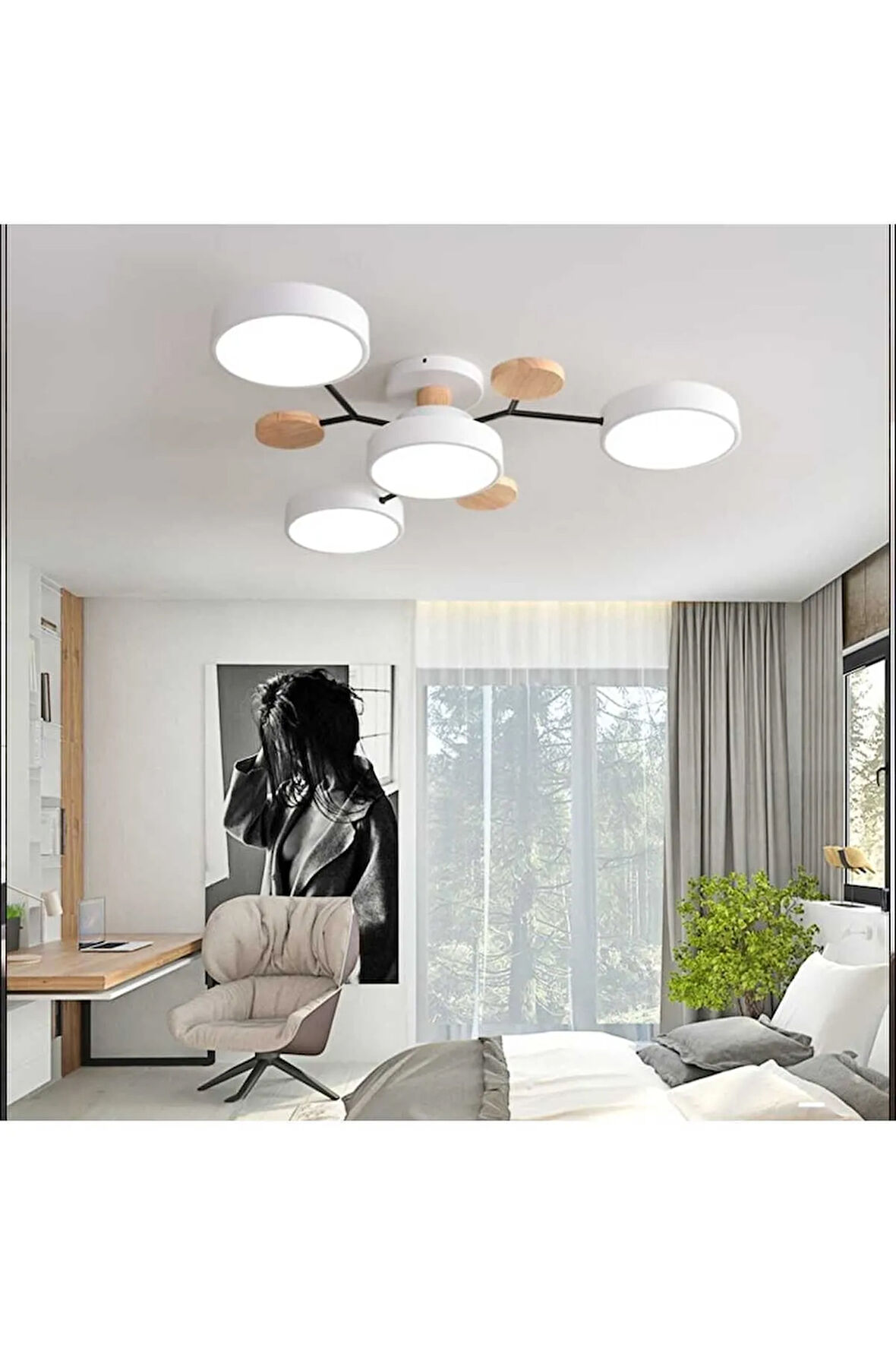 Modern Ahşap Led Avize-Beyaz