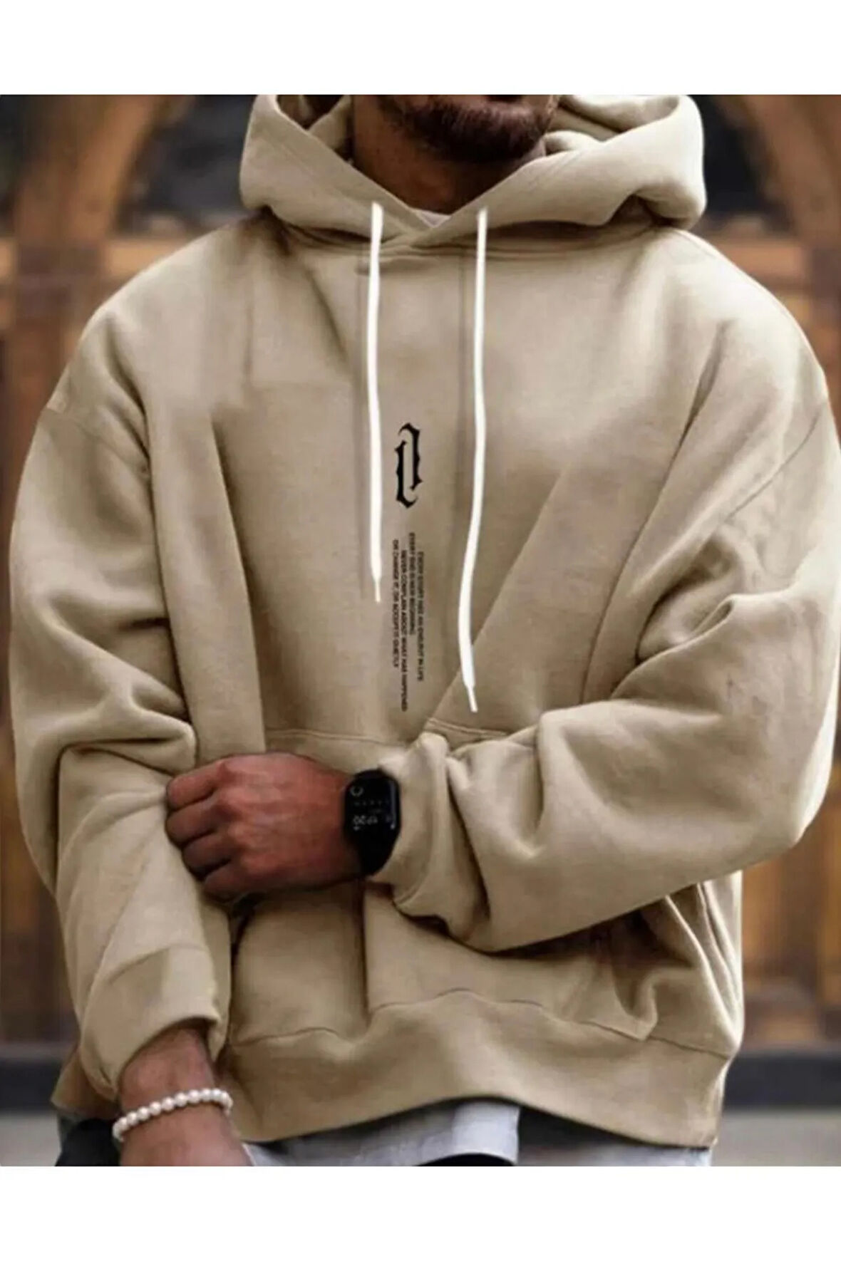 Erkek Bej Dikey Baskılı Oversize Sweatshirt