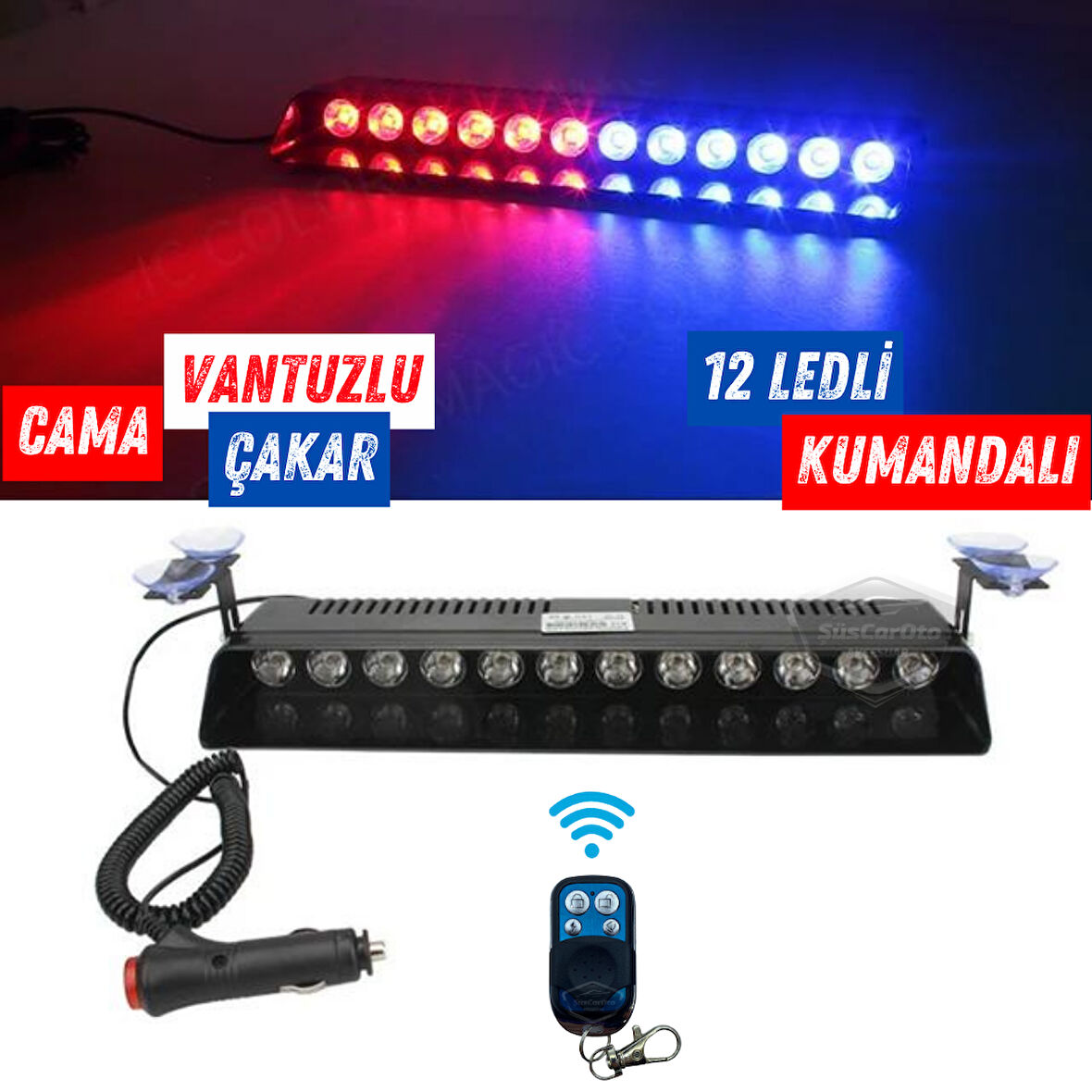 S12 Kumandalı Cam İçi Vantuzlu Polis Çakar Lamba İkaz Lambası 12 Ledli 14 Farklı Mod Kablosuz Kırmızı Mavi Çakmaklık Girişli