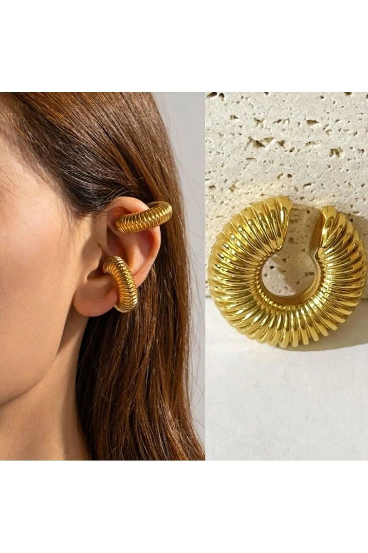 Bombeli Earcuff Geniş Halka Kıkırdak Küpesi Gold