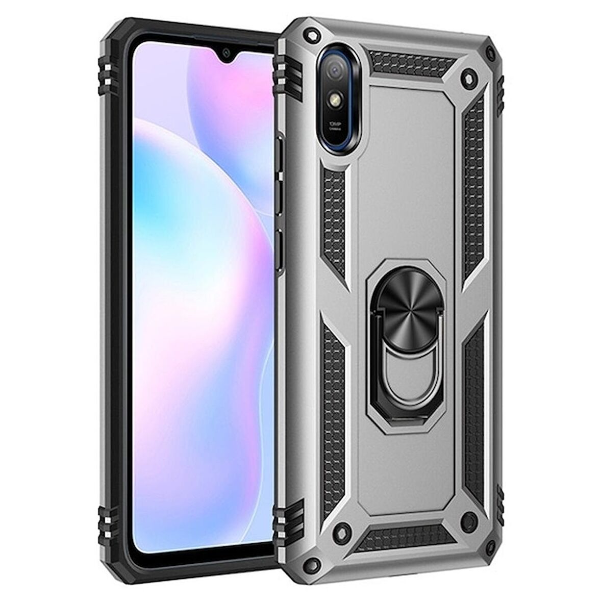 Smcase Xiaomi Redmi 9A Kılıf Vega Yüzüklü Çift Katmanlı Tank Kapak  Nano Ekran Koruyucu