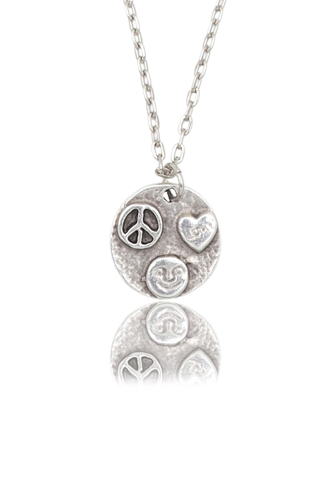 Peace - Kalp - Smile Erkek Kadın Kolye Antik Gümüş Kaplama - 60 cm Düz Zincir