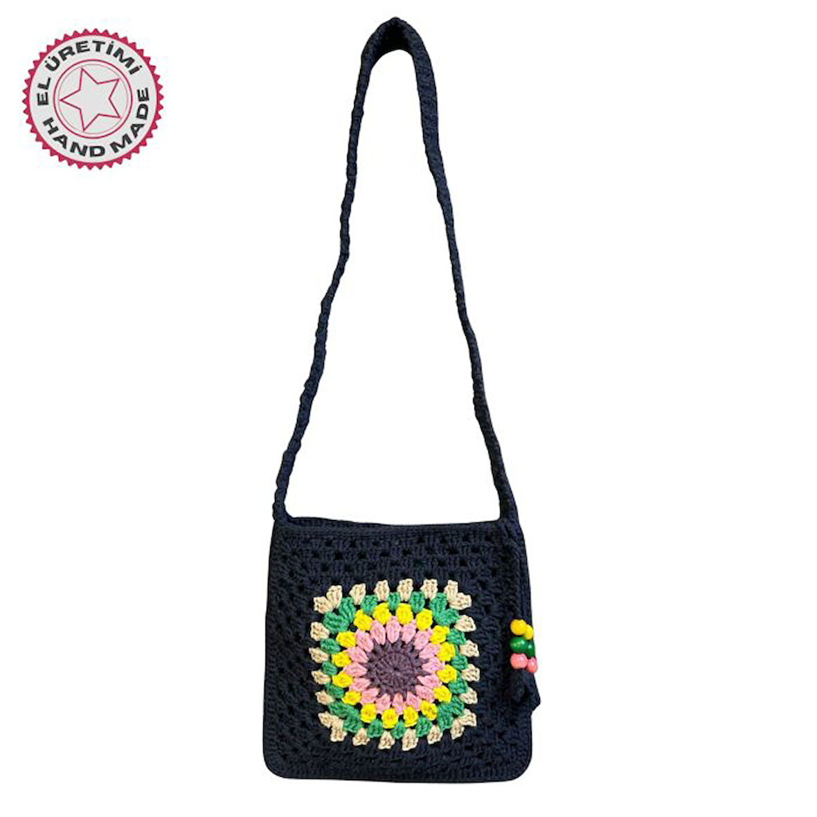 Uretti - Emine 9106 El Örgüsü Ahşap Boncuk Detaylı Mandala Model Omuz Çantası