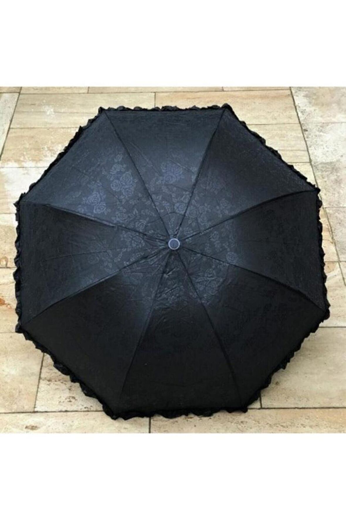 Siyah Çiçek Desenli Şemsiye