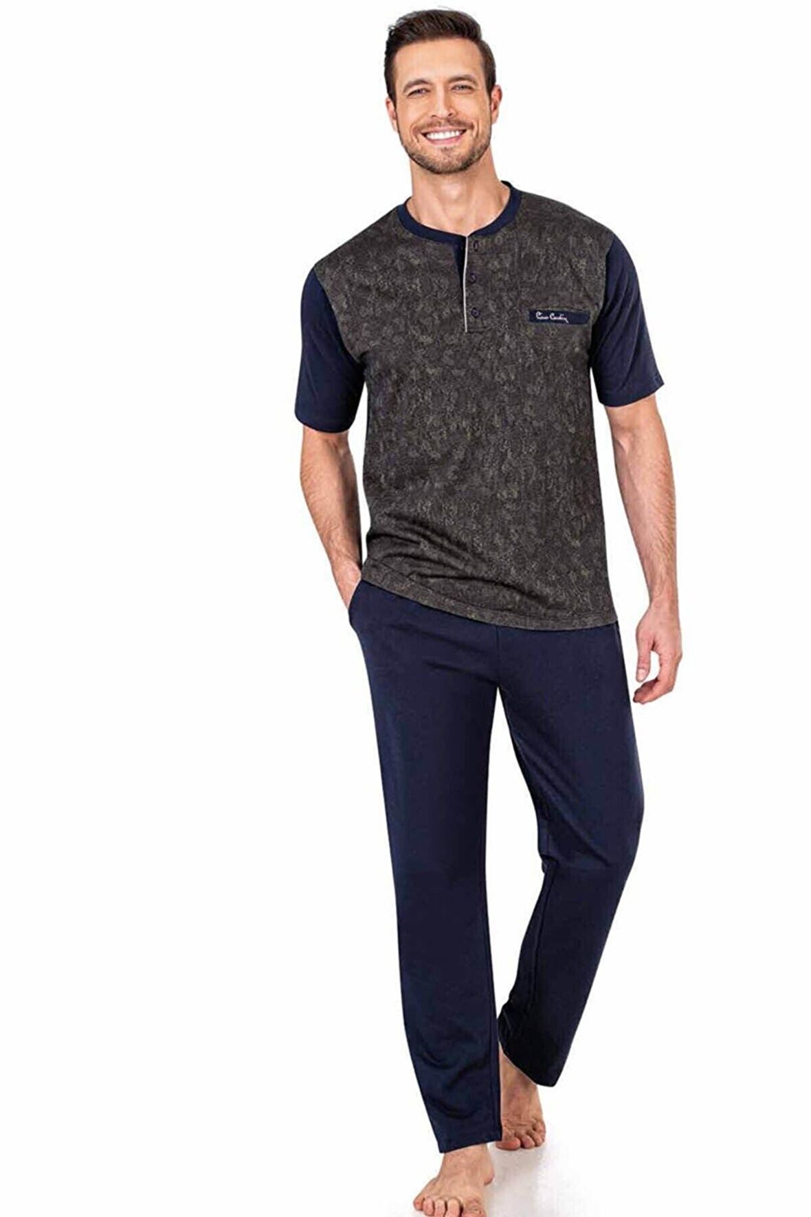 Pamuklu Desenli Düğmeli Jakarlı 3'lü Kısakol Erkek Pijama Takımı
