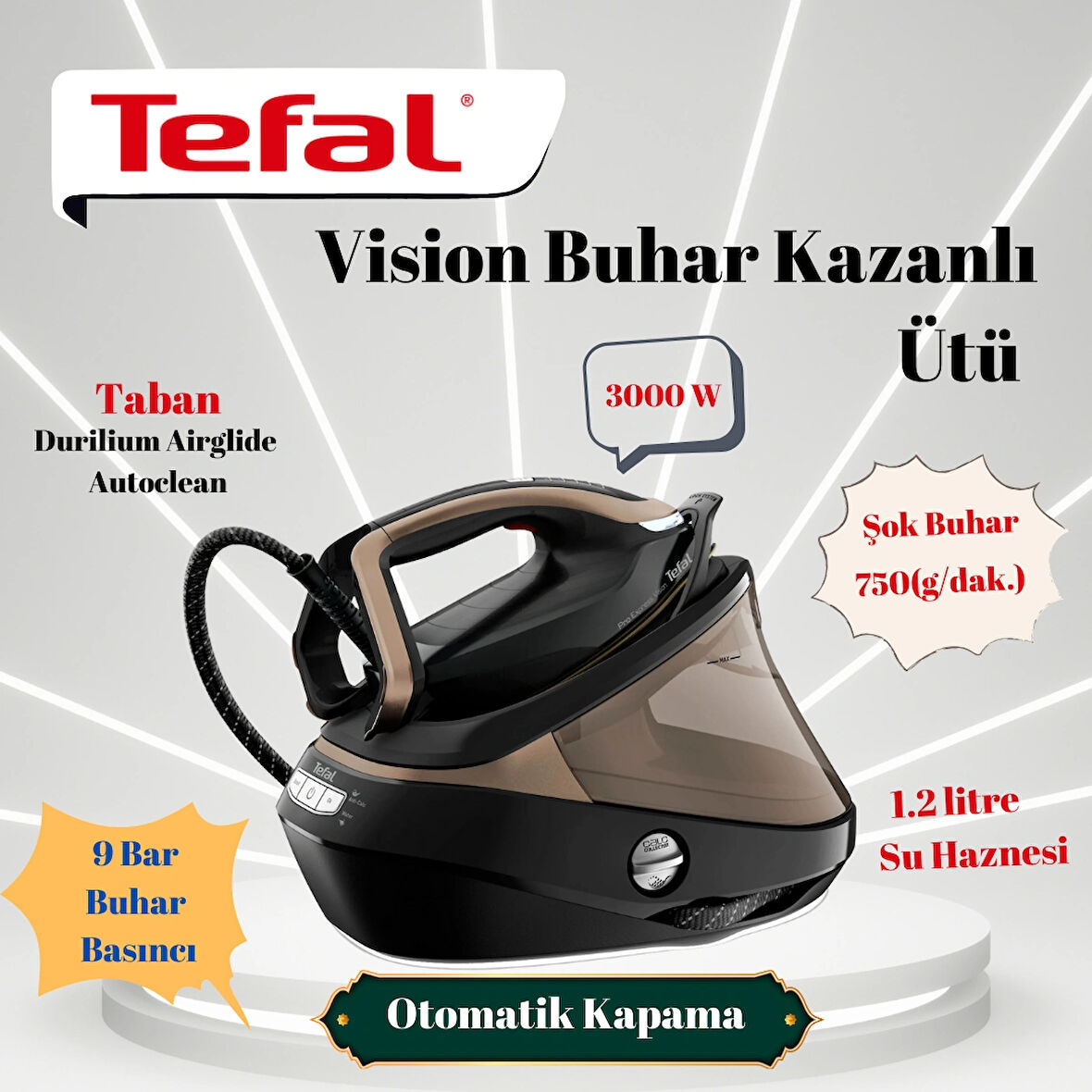  9 Bar Akıllı Aydınlatma Teknolojisi GV9820 Buhar Kazanlı Ütü