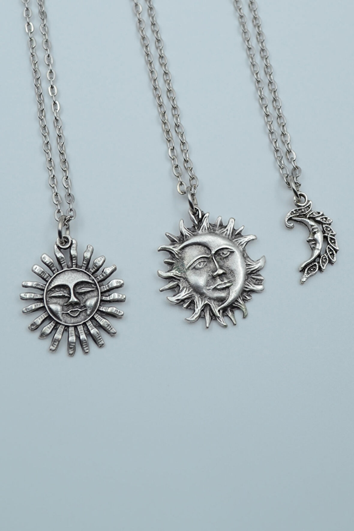 3'lü Gülen Güneş Aydede Ay Gümüş Kaplama Kolye Seti