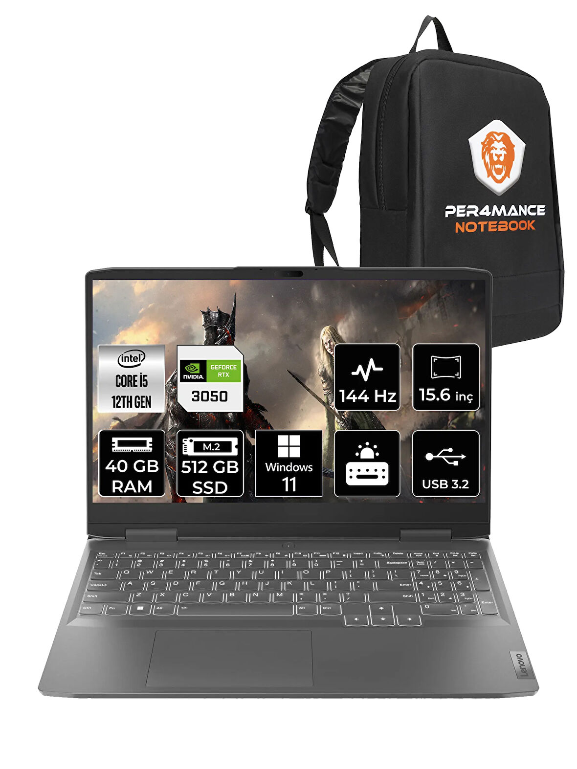 Lenovo LOQ  i5-12450H 40GB 512GB SSD RTX3050/6GB 15.6" FHD 144Hz W11H 82XV00WYTX & PER4 ÇANTA
